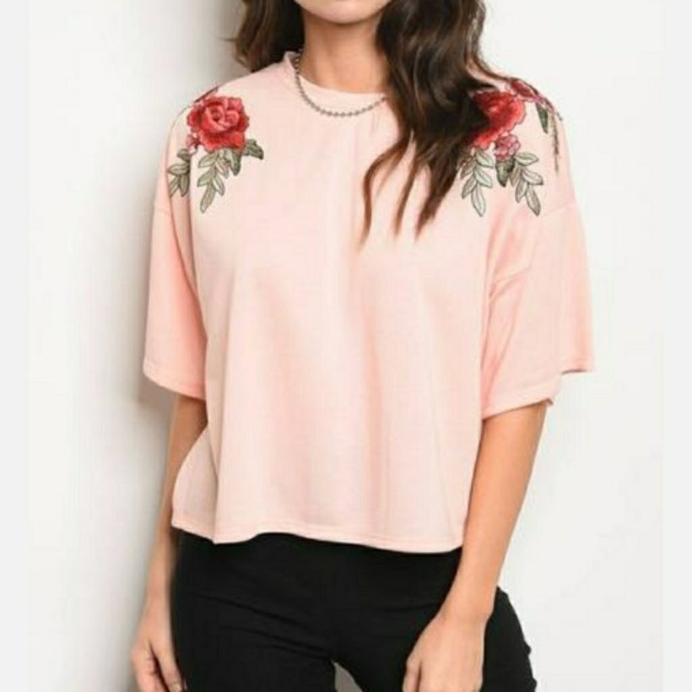 Pink Embroider Flower Loose Blouse Sz S
